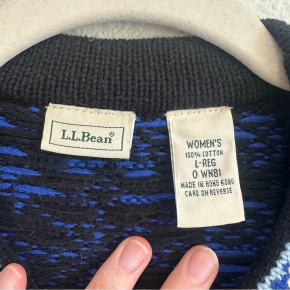 L.L. Bean Cardigan Sweater Blue Norwegian Fair Isle Cotton Snowflake Nordic L - Picture 3 of 8